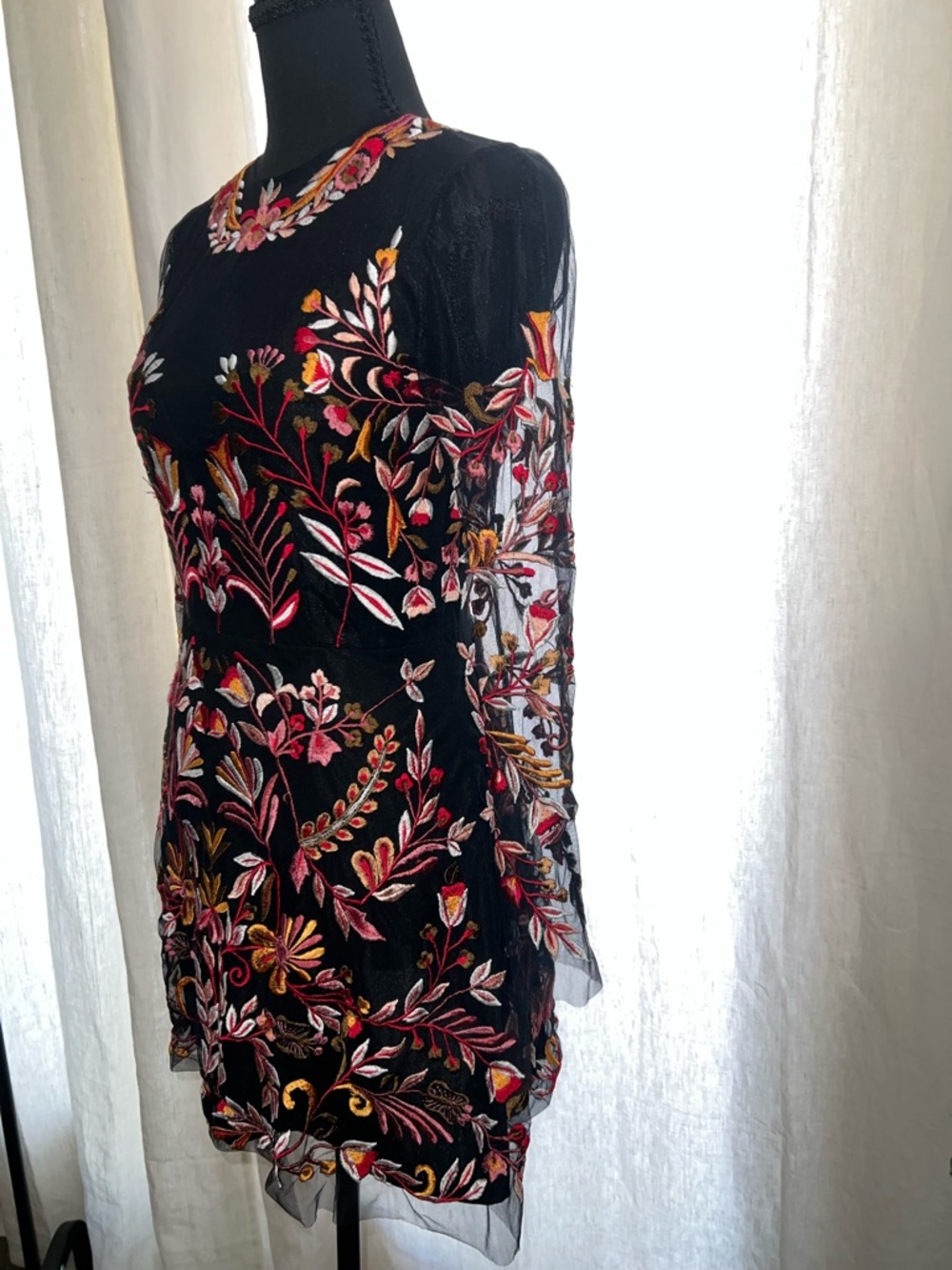 Karina Grimaldi Black Mini Dress with Pink and Gold Floral Embroidery - Picture 5 of 5
